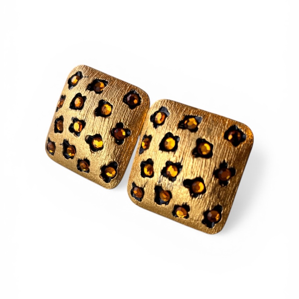 Craft Vintage Gold-Tone Leopard Crystal Square Clip-On Earrings